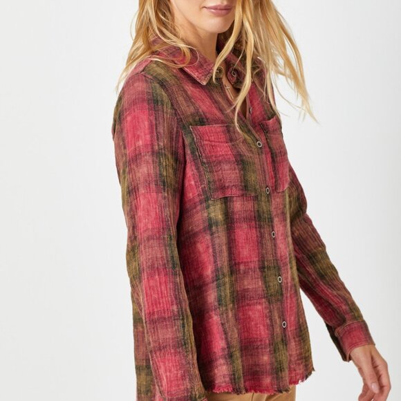 MYSTREE Plaid Button-Up Flannel Shirt, Red Olive Check Long Sleeve Top - Picture 4 of 8